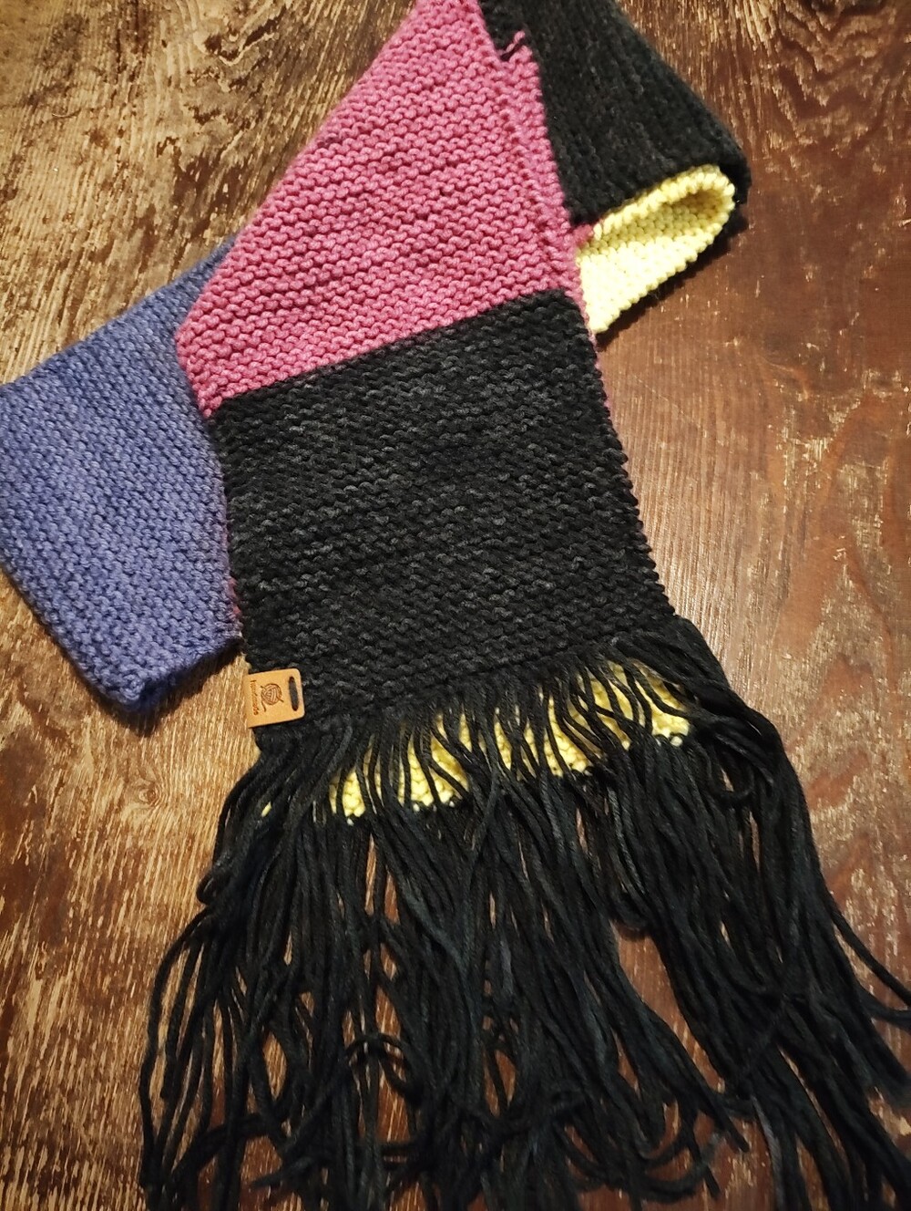 Colorblock Knit Scarf with Fringe - Black, Pink, Purple & Yellow